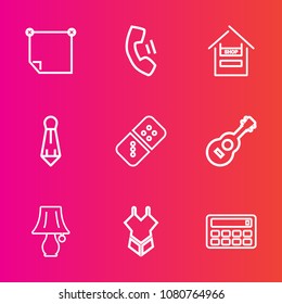 Premium set with outline vector icons. Such as button, mobile, play, food, smartphone, bulb, game, bikini, store, telephone, phone, switch, table, board, tie, music, swimsuit, note, white, cart, suit