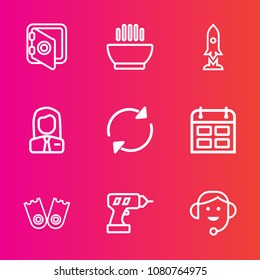 Premium set with outline vector icons. Such as reload, day, security, arrow, employer, food, technology, employee, drill, steel, refresh, time, bank, timetable, machine, work, sport, headset, call