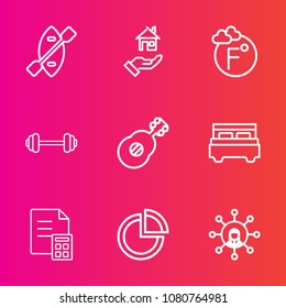 Premium set with outline vector icons. Such as double, estate, musical, thermometer, house, real, technology, concept, boat, pie, bedroom, canoe, scale, music, business, screen, graph, finance, sport