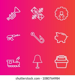 Premium set with outline vector icons. Such as store, finance, jazz, global, basket, gun, instrument, internet, money, transport, machine, music, train, fishing, bank, orchestra, bugle, trumpet, earth