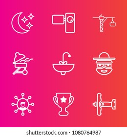 Premium set with outline vector icons. Such as construction, technology, plane, place, war, communication, white, character, cooking, background, night, camera, bathroom, happy, star, astronomy, movie