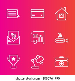 Premium set with outline vector icons. Such as undersea, place, aid, money, bill, first, internet, award, transport, receipt, estate, box, web, delivery, marine, kit, building, architecture, list, van