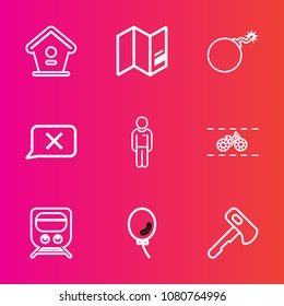 Premium set with outline vector icons. Such as transport, tree, chat, house, construction, transportation, geography, nuclear, planet, tool, train, man, bicycle, axe, spring, military, hammer, wheel