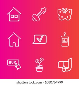 Premium set with outline vector icons. Such as button, modern, chat, sea, mask, key, fly, home, tree, retro, nature, snorkel, tv, sign, old, construction, lock, collection, metal, butterfly, remote