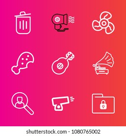 Premium set with outline vector icons. Such as military, fan, can, ventilator, lock, garbage, white, retro, gramophone, bin, dryer, weapon, account, electric, computer, wind, meal, chicken, recycle