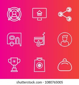 Premium set with outline vector icons. Such as winner, water, cup, home, management, style, group, concept, mask, sale, snorkel, victory, target, share, fashion, house, online, championship, van, male
