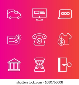 Premium set with outline vector icons. Such as road, message, right, sign, time, web, hour, exit, escape, money, website, credit, computer, home, balance, traffic, sand, speech, telephone, greek, cell