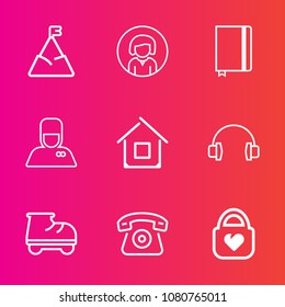 Premium set with outline vector icons. Such as beautiful, page, bellhop, girl, fun, peak, landscape, lady, technology, estate, mountain, woman, paper, home, roller, hospitality, music, service, hotel