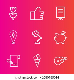 Premium set with outline vector icons. Such as summer, coin, concept, presentation, people, meeting, business, spring, white, electricity, pin, search, cream, internet, travel, music, blossom, sweet