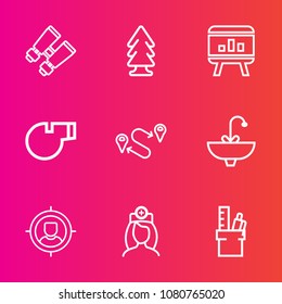 Premium set with outline vector icons. Such as map, nature, stationery, concept, wood, nurse, whistle, sport, office, faucet, point, infographic, customer, glasses, sink, forest, tree, care, see, spy