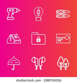 Premium set with outline vector icons. Such as open, forest, weapon, bullet, power, protection, gun, file, cassette, idea, landscape, business, music, security, safety, hand, creative, horizontal