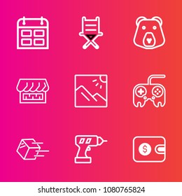 Premium set with outline vector icons. Such as landscape, finance, schedule, event, arrow, web, time, drill, photo, grizzly, calendar, purse, shipping, button, white, machine, wild, business, shipment