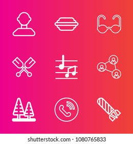 Premium set with outline vector icons. Such as power, internet, fire, tree, bun, sun, boat, social, paddle, music, environment, phone, oar, hamburger, technology, communication, note, sound, white
