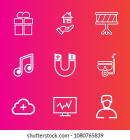 Premium set with outline vector icons. Such as home, present, doctor, magnetic, rent, christmas, holiday, sale, music, house, boy, property, water, violin, mortgage, sound, mask, real, pole, giftbox