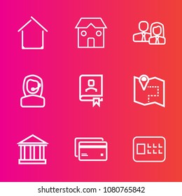 Premium set with outline vector icons. Such as book, road, security, equipment, greece, call, tourism, travel, estate, team, person, contact, real, property, staff, architecture, business, building