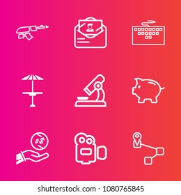 Premium set with outline vector icons. Such as microscope, handle, investment, science, cafe, computer, rifle, biology, weapon, army, keyboard, envelope, money, white, finance, coin, point, mail, film