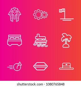 Premium set with outline vector icons. Such as archeology, ocean, summer, egypt, sea, bun, food, travel, ancient, mexico, bed, vessel, hat, web, sign, late, leaf, nature, office, ship, history, palm