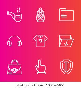 Premium set with outline vector icons. Such as paper, box, garbage, bag, flame, tshirt, leather, lantern, shield, sound, protect, office, file, rubbish, lamp, stereo, button, audio, open, antique, old