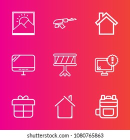 Premium set with outline vector icons. Such as art, rifle, drum, mobile, estate, computer, photo, music, architecture, home, weapon, gun, white, box, house, machine, desktop, war, rucksack, blank, bag
