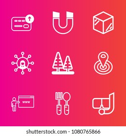 Premium set with outline vector icons. Such as coin, radius, technology, go, finance, snorkel, internet, fork, template, mask, box, packaging, forest, science, business, package, screen, cycle, money