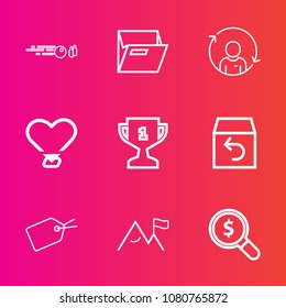 Premium set with outline vector icons. Such as search, refresh, bowl, open, paper, delivery, equipment, ball, love, object, concept, internet, nature, profile, winner, find, quality, empty, blank, box