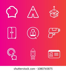 Premium set with outline vector icons. Such as button, cook, travel, ben, cardboard, cupboard, touch, interior, furniture, home, tower, clock, restaurant, identification, chef, document, id, camp, new