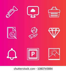 Premium set with outline vector icons. Such as zoom, notification, store, sound, road, blank, tool, bugle, shop, delivery, picture, shipping, web, car, frame, jazz, bell, package, sign, gem, musical
