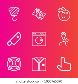 Premium set with outline vector icons. Such as cut, scale, route, architecture, celsius, weather, tshirt, cook, gps, washer, machine, construction, business, fashion, shirt, clean, click, food, knife