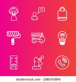 Premium set with outline vector icons. Such as technology, dump, bulb, travel, fashion, balloon, style, brush, cold, white, call, container, electricity, fun, vehicle, paint, truck, basket, dumper