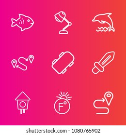 Premium set with outline vector icons. Such as home, board, destination, map, sea, illumination, interior, skateboard, weapon, blade, electricity, skate, lamp, fish, point, travel, fahrenheit, seafood