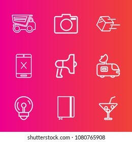 Premium set with outline vector icons. Such as shipping, dump, cocktail, light, transportation, package, electricity, loud, drink, van, tipper, speaker, camera, heavy, megaphone, electric, cancel, car