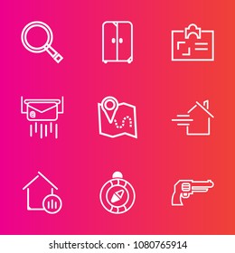 Premium set with outline vector icons. Such as gun, post, house, furniture, north, cabinet, real, south, document, map, decorative, identity, mail, estate, web, glass, road, envelope, letter, handgun