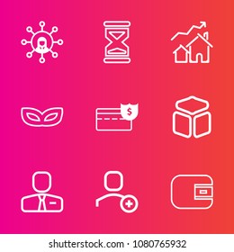 Premium set with outline vector icons. Such as people, purse, mobile, celebration, delete, user, coin, countdown, watch, sand, employee, square, time, clock, masquerade, property, party, employer, web