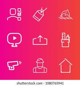 Premium set with outline vector icons. Such as upload, download, animal, architecture, equipment, estate, list, builder, construction, video, wild, task, notebook, management, sale, plan, person, war