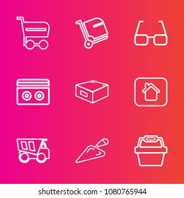Premium set with outline vector icons. Such as stereo, travel, house, tipper, supermarket, eyeglasses, building, trolley, baggage, suitcase, estate, buy, truck, journey, home, airport, retail, shop
