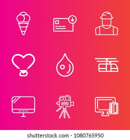 Premium set with outline vector icons. Such as movie, payment, video, summer, internet, rail, liquid, person, shopping, abstract, construction, business, hand, white, credit, ball, camera, retro, cold