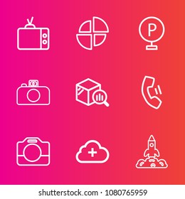 Premium set with outline vector icons. Such as graph, film, chart, transportation, add, street, video, graphic, media, television, cloud, car, screen, handle, urban, finance, report, traffic, shuttle