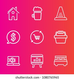 Premium set with outline vector icons. Such as call, trolley, business, cart, communication, online, real, architecture, property, circle, bedroom, bed, up, shop, drink, lager, internet, foam, estate
