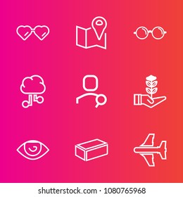 Premium set with outline vector icons. Such as sight, cloud, eye, tree, life, building, human, navigation, construction, material, technology, eyesight, airplane, growth, plane, communication, optical