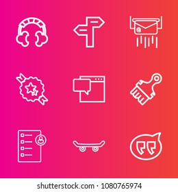 Premium set with outline vector icons. Such as letter, sign, label, envelope, direction, road, element, , technology, street, paper, badge, message, bubble, document, ribbon, board, correspondence