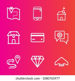 Premium set with outline vector icons. Such as screen, touchscreen, cellphone, route, estate, wireless, parachute, real, cell, house, crystal, mobile, jewelry, new, plastic, money, location, property