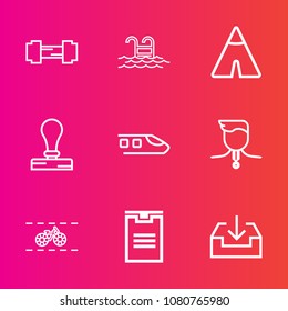 Premium set with outline vector icons. Such as tent, medal, training, fitness, stationery, competition, envelope, outdoor, success, physical, fit, active, blue, travel, gym, transport, winner, bicycle