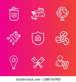 Premium set with outline vector icons. Such as video, car, ecology, recycle, pin, electric, home, planet, water, service, business, trash, transport, fast, ventilator, protection, map, global, profile