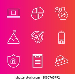 Premium set with outline vector icons. Such as business, box, delivery, user, luxury, string, folk, music, ship, element, shipping, technology, graph, property, blue, diagram, hotel, profile, pie, web
