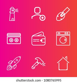 Premium set with outline vector icons. Such as sea, tape, machine, sign, account, coast, tool, money, lighthouse, hammer, house, rocket, launch, light, sky, wallet, beacon, cash, space, beach, purse