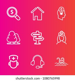 Premium set with outline vector icons. Such as business, water, nurse, swimming, pool, modern, home, internet, doctor, surgeon, house, concept, care, technology, summer, architecture, search, website