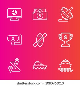 Premium set with outline vector icons. Such as oar, dish, map, technology, graph, radio, equipment, place, mask, award, infographic, paddle, winner, achievement, cash, water, first, transport, canoe