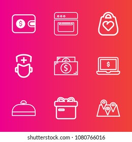Premium set with outline vector icons. Such as medicine, style, food, purse, appliance, pin, road, payment, wallet, cash, cooker, background, fashion, computer, travel, cooking, business, box, ribbon