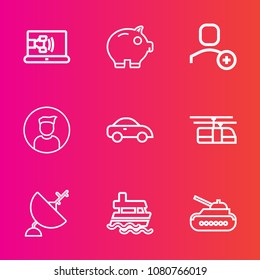 Premium set with outline vector icons. Such as male, bank, user, tank, transportation, taxi, satellite, call, dish, vehicle, gun, coin, war, business, car, ocean, panzer, boat, army, communication