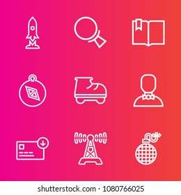 Premium set with outline vector icons. Such as profile, galaxy, male, rocket, money, leisure, fire, web, direction, open, book, bomb, magnifying, technology, bag, roller, satellite, power, finance